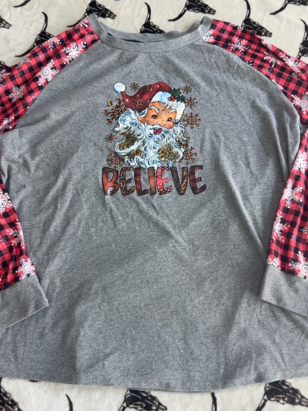 Santa Believe Christmas Raglan Top Buffalo Plaid Leopard Print 3XL